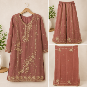 Women's Embroidered Kurta Palazzo Set with Dupatta – Dusty Rose