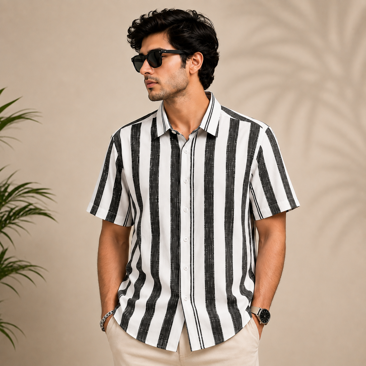 Men's White & Black Vertical Striped Casual Half Sleeve Shirt