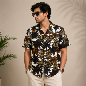 Men's Tropical Leaf Print Casual Half Sleeve Shirt