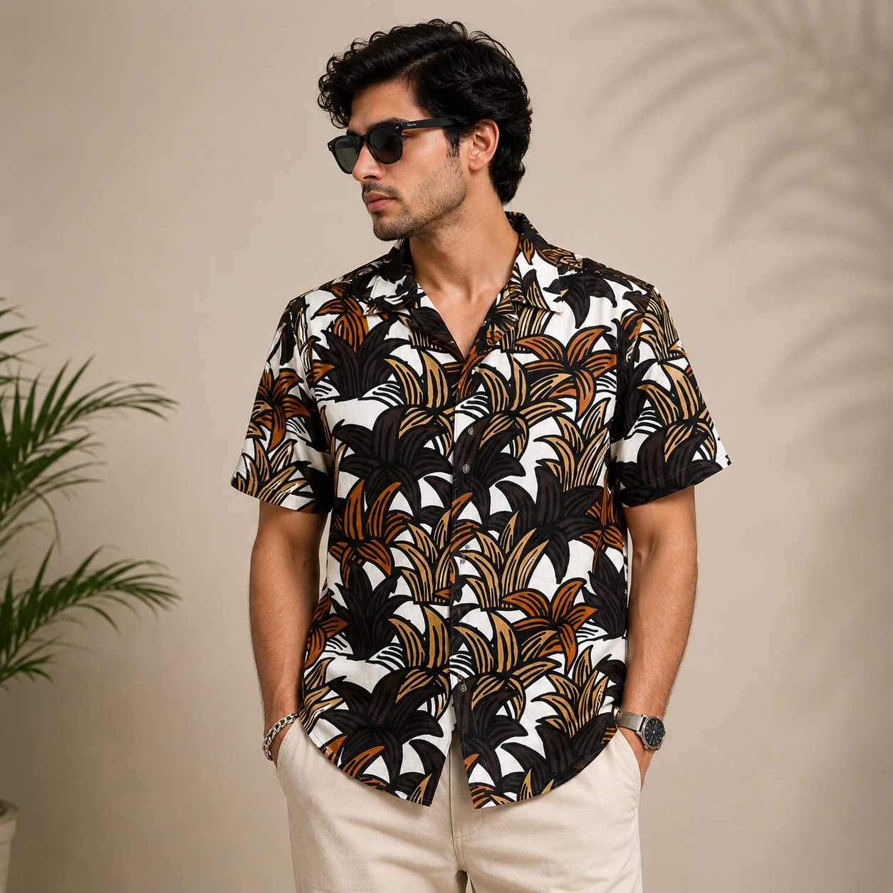 Men's Tropical Leaf Print Casual Half Sleeve Shirt - Image 3