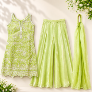 Women's Embroidered Kurti with Palazzo & Dupatta Set – Light Green