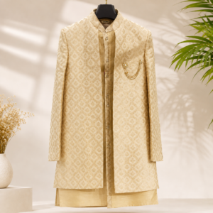 Men's Jacquard Sherwani Set with Kurta – Cream Gold
