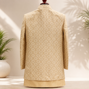 Men's Jacquard Sherwani Set with Kurta – Cream Gold