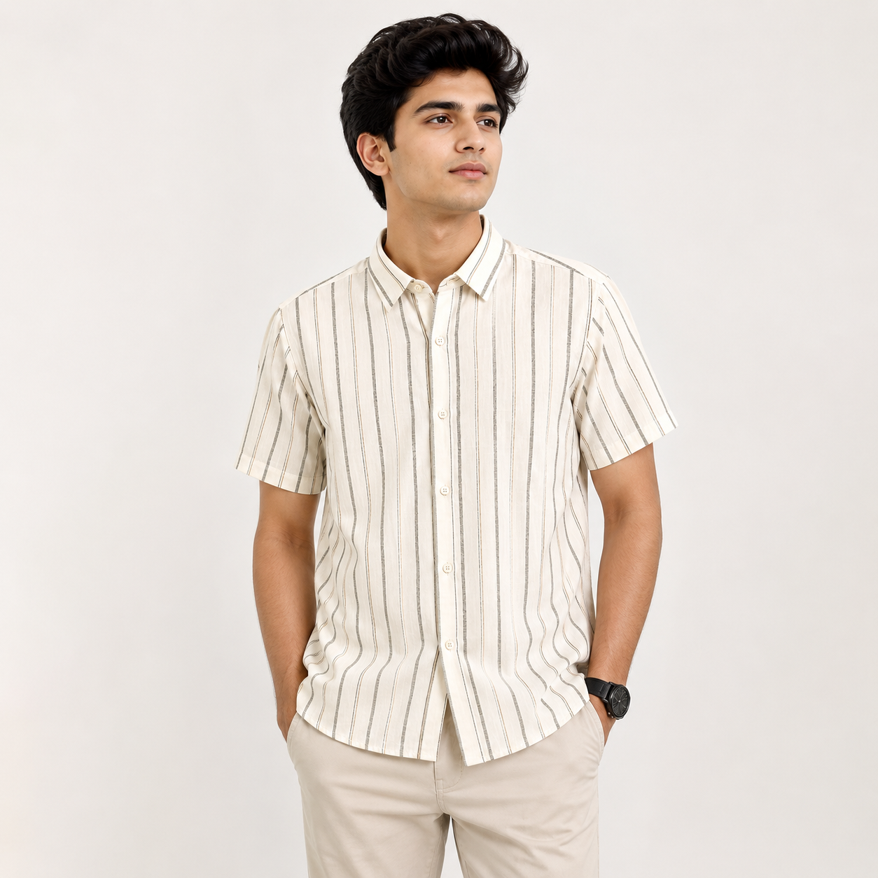 Men's Cream Vertical Striped Half Sleeve Casual Shirt - Image 3