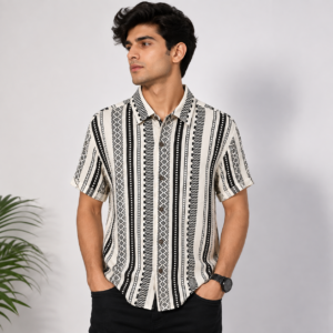 Men's Black & White Geometric Printed Half Sleeve Casual Shirt