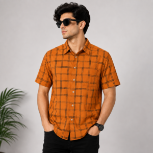 Men's Orange Checked Half Sleeve Casual Shirt