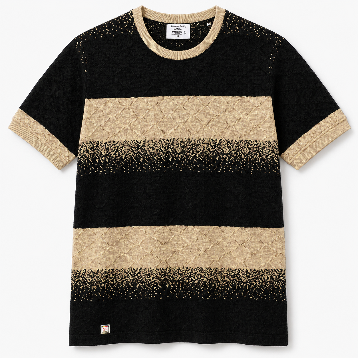 Men’s Black & Beige Textured Striped Knit T-Shirt - Image 2
