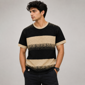 Men’s Black & Beige Textured Striped Knit T-Shirt