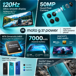 Motorola G37 Power 5G Smartphone | 7000 mAh Battery | PANTONE Capri