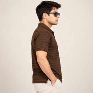 ZHONG SOU Men's Brown Striped Polo T-Shirt | Regular Fit | Short Sleeve | Size M