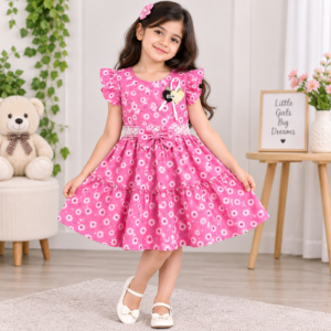 Girls Pink Floral Printed Frock Dress with Bow & Ruffle Sleeves
