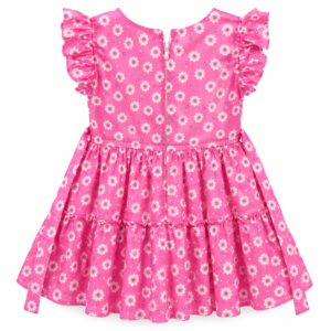 Girls Pink Floral Printed Frock Dress with Bow & Ruffle Sleeves