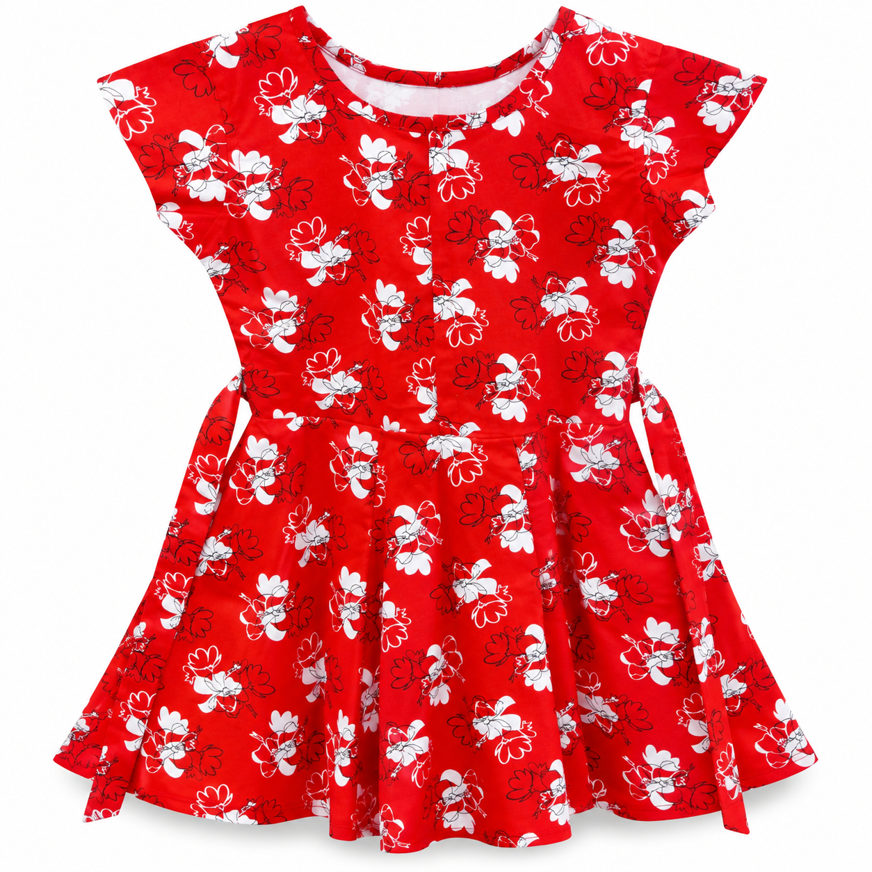Girls Red Floral Printed Frock Dress with Flutter Sleeves & Waist Tie (Age 4-5years) - Image 4
