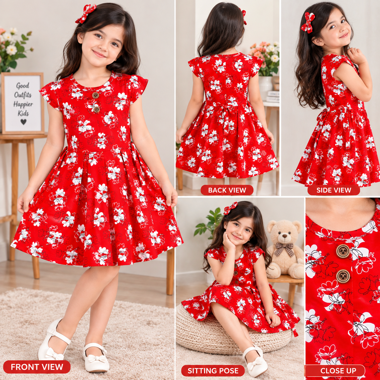 Girls Red Floral Printed Frock Dress with Flutter Sleeves & Waist Tie (Age 4-5years)
