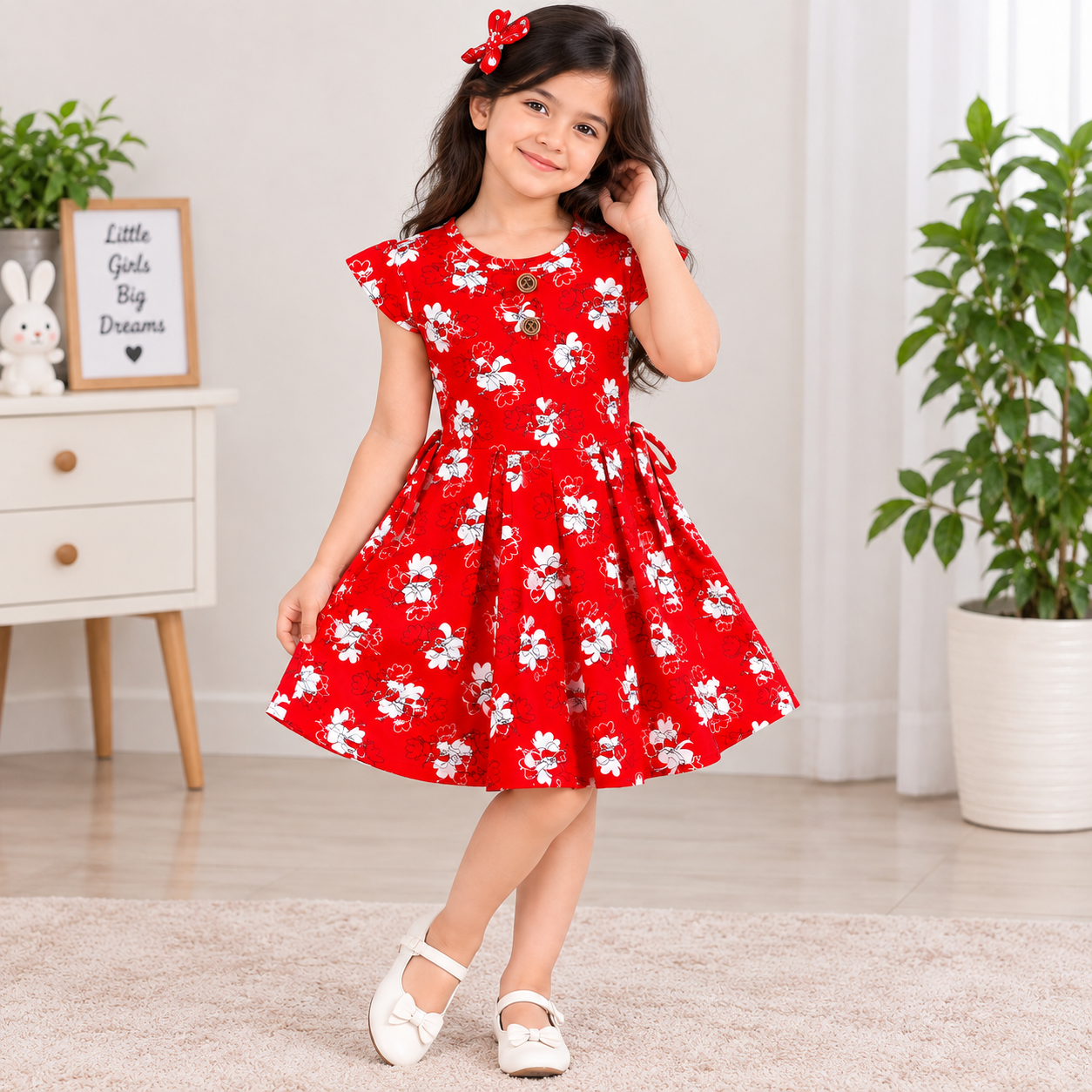 Girls Red Floral Printed Frock Dress with Flutter Sleeves & Waist Tie (Age 4-5years) - Image 2
