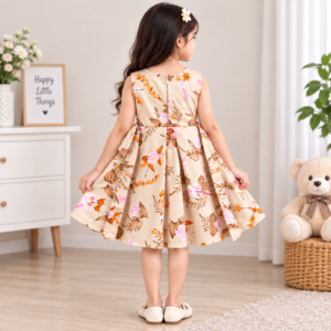 Girls Floral Printed Sleeveless Party Dress with Bow