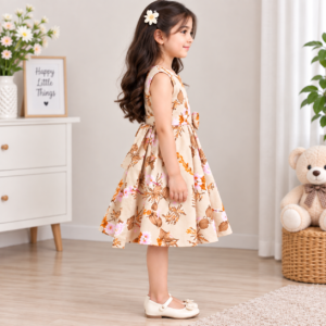 Girls Floral Printed Sleeveless Party Dress with Bow