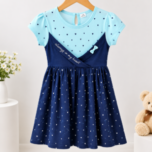 Girls Light Blue & Navy Blue Heart Print Casual A-Line Dress
