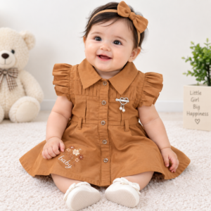 Baby Girls Brown Collared Dress with Puff Sleeves & Belt ( 0-6 Months )