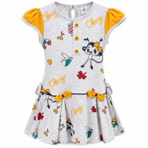 Girls Cartoon Printed Puff Sleeve Frock Dress