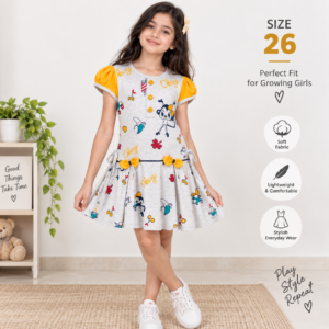 Girls Cartoon Printed Puff Sleeve Frock Dress