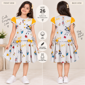 Girls Cartoon Printed Puff Sleeve Frock Dress