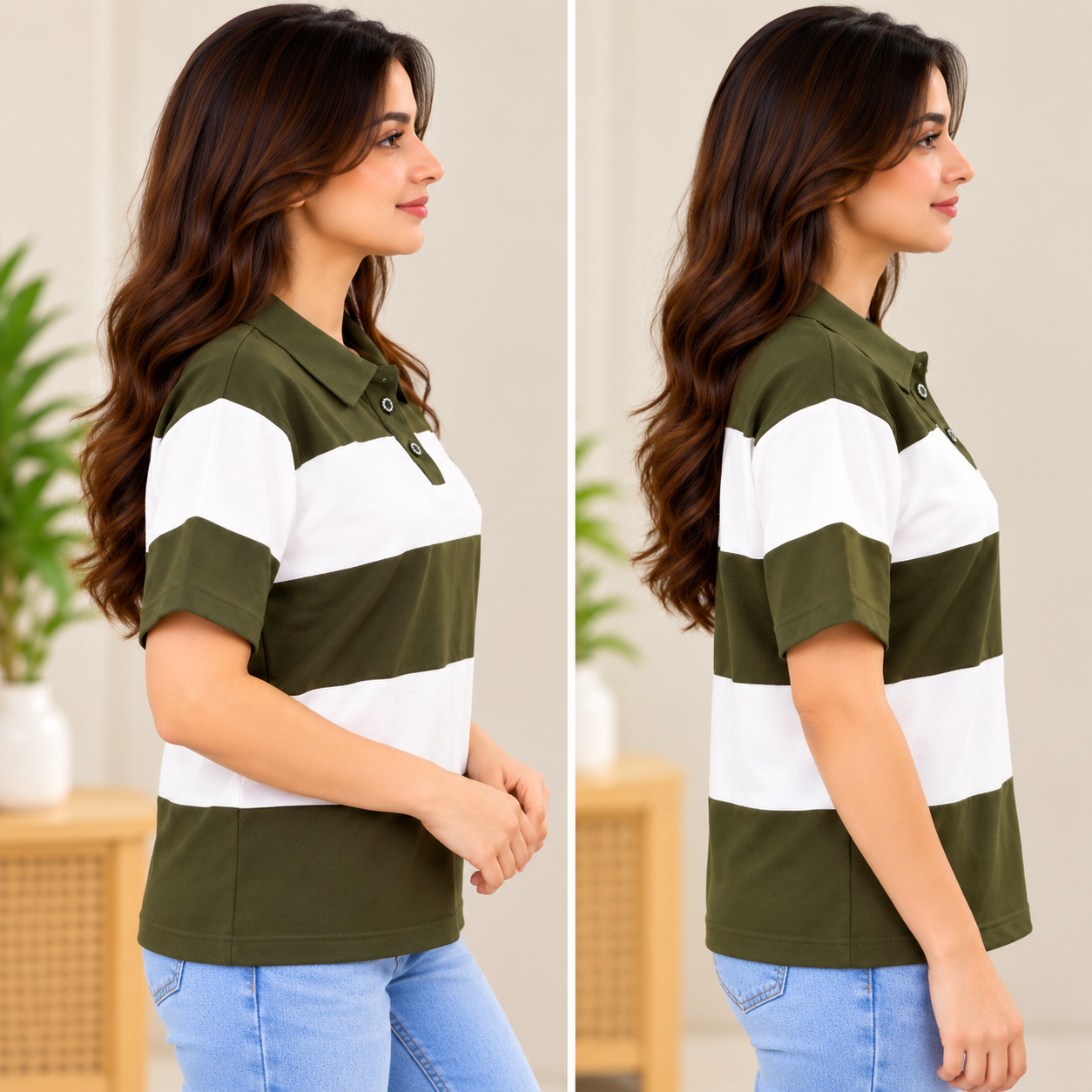 VIHAANA Women's Olive Green & White Striped Polo T-Shirt - Image 3