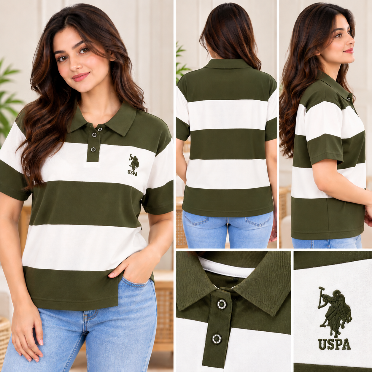 VIHAANA Women's Olive Green & White Striped Polo T-Shirt - Image 4