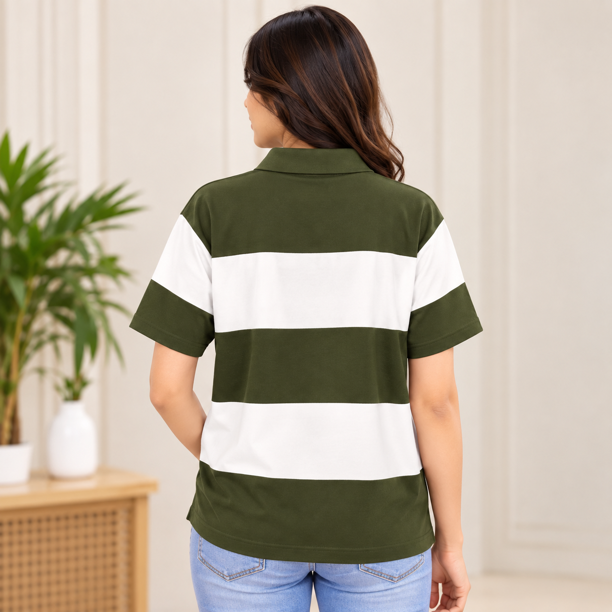 VIHAANA Women's Olive Green & White Striped Polo T-Shirt - Image 2