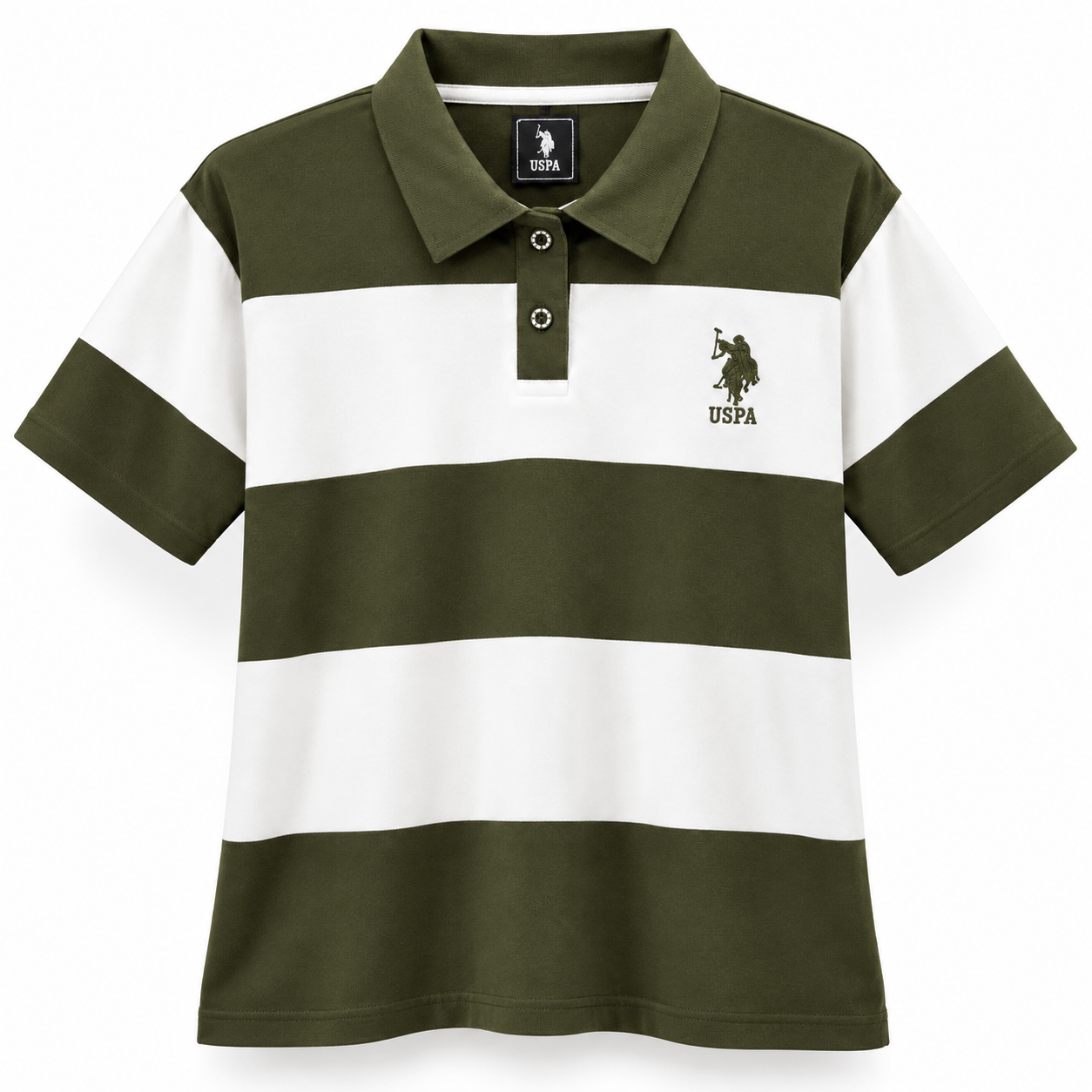 VIHAANA Women's Olive Green & White Striped Polo T-Shirt - Image 5