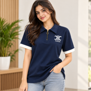 Women's Navy Blue Polo T-Shirt with White Sleeve Cuffs