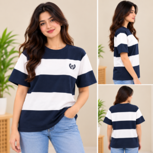 VIKAANA Women's White Striped Round Neck T-Shirt