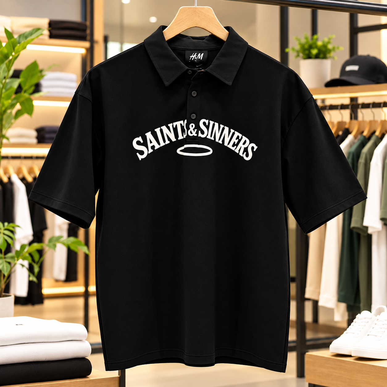 H&M Men’s Black Oversized Polo T-Shirt – Saints & Sinners Graphic Print – Size L - Image 3