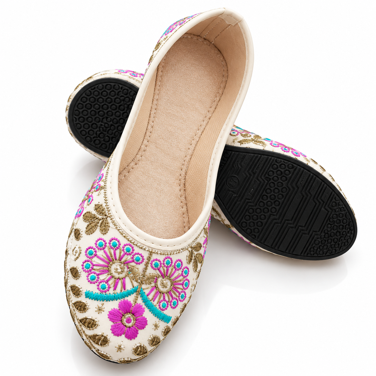 Women's Pakistani Mojri Juti Cream Purple Traditional Ethnic Flats - Image 2