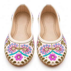 Women's Pakistani Mojri Juti Cream Purple Traditional Ethnic Flats