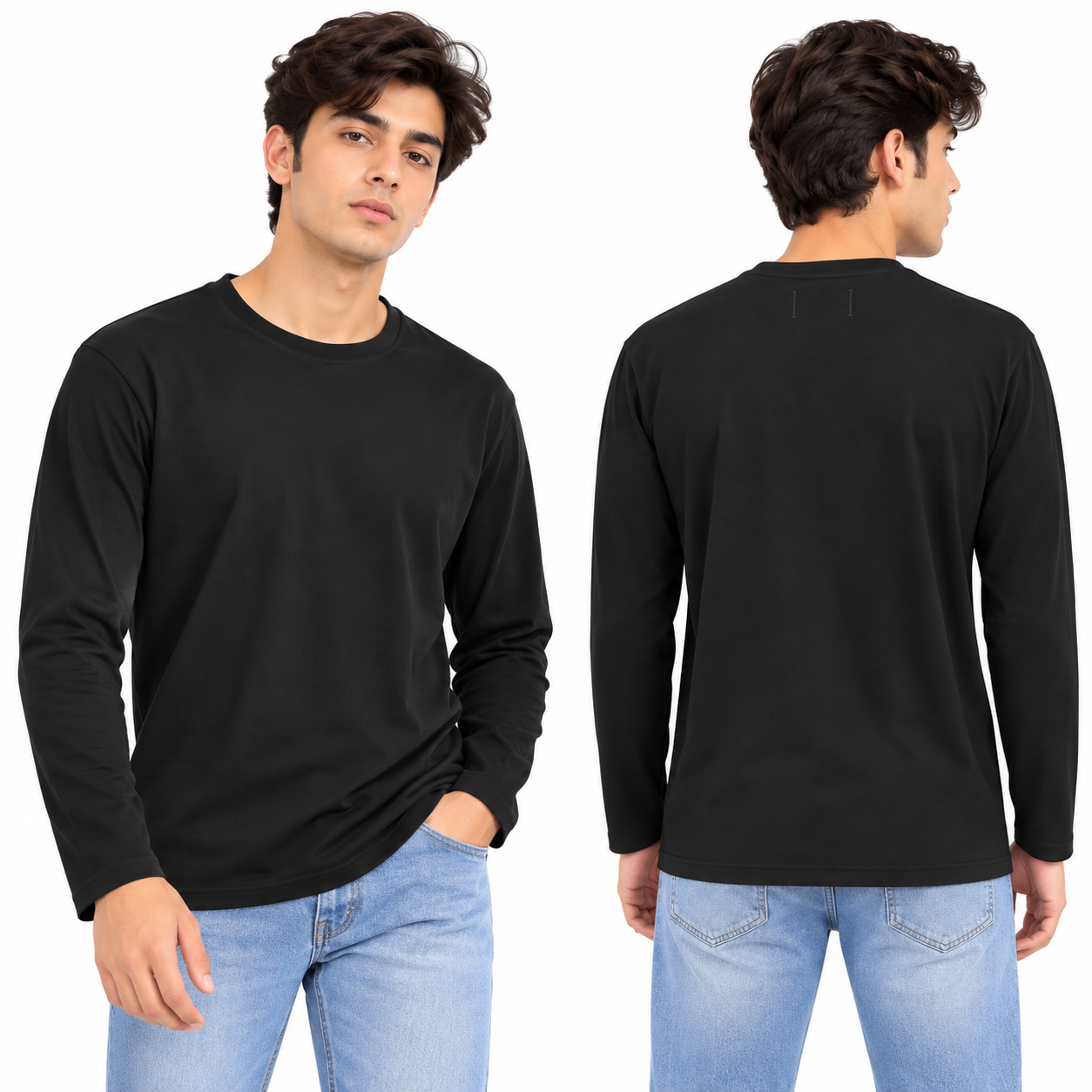 Solid Black Full Sleeve Round Neck T-Shirt - Image 3