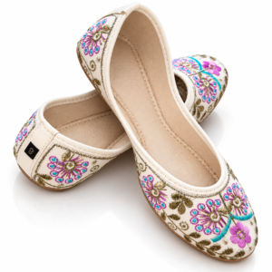 Women's Pakistani Mojri Juti Cream Purple Traditional Ethnic Flats