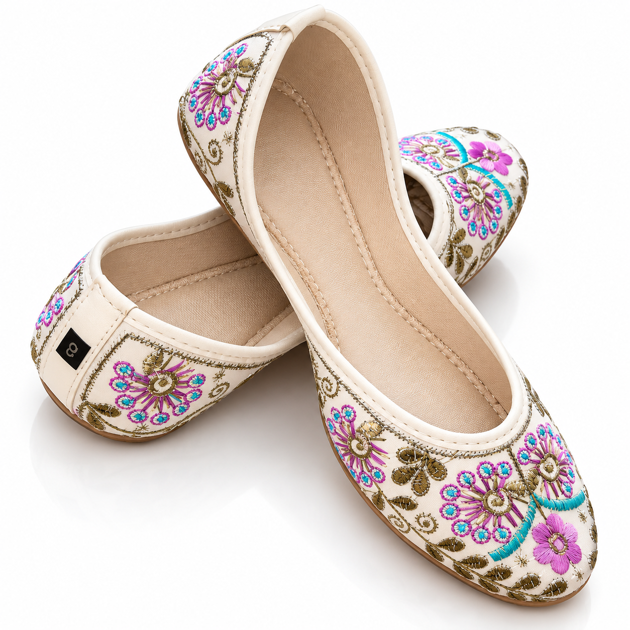 Women's Pakistani Mojri Juti Cream Purple Traditional Ethnic Flats