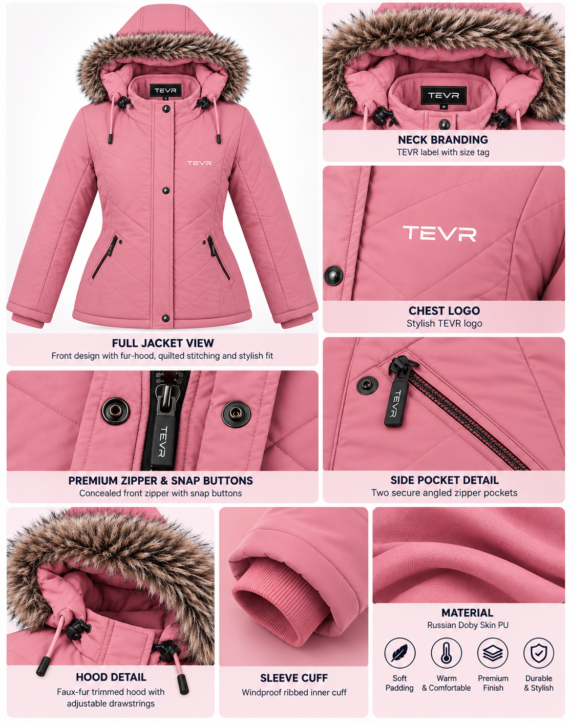 Girl's Fur Hooded Winter Jacket | Russian PU Quilted Jacket | TEVR - Image 10