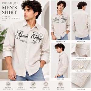 YOUNGOR Men’s Premium Beige Striped Full Sleeve Printed Casual Shirt