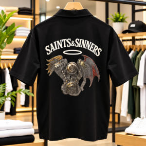 H&M Men’s Black Oversized Polo T-Shirt – Saints & Sinners Graphic Print – Size L