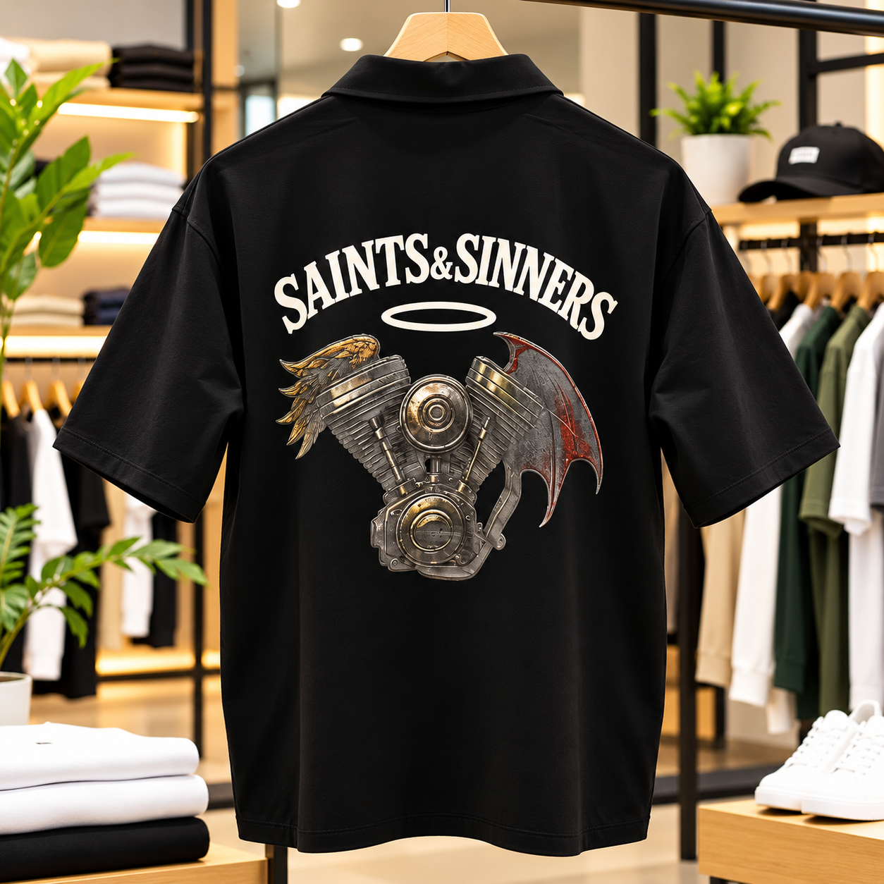 H&M Men’s Black Oversized Polo T-Shirt – Saints & Sinners Graphic Print – Size L - Image 4