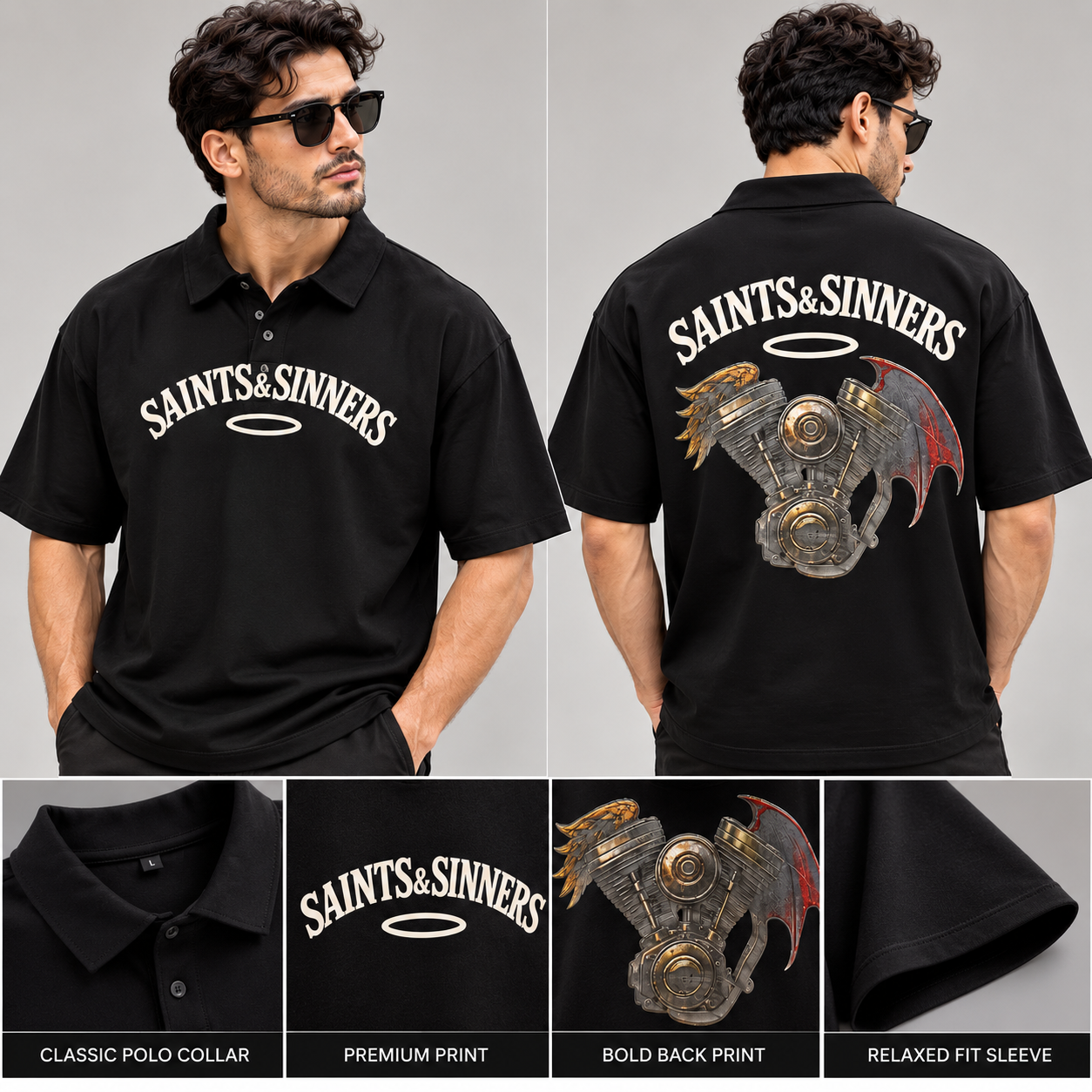H&M Men’s Black Oversized Polo T-Shirt – Saints & Sinners Graphic Print – Size L - Image 2