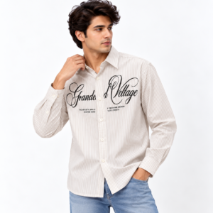 YOUNGOR Men’s Premium Beige Striped Full Sleeve Printed Casual Shirt