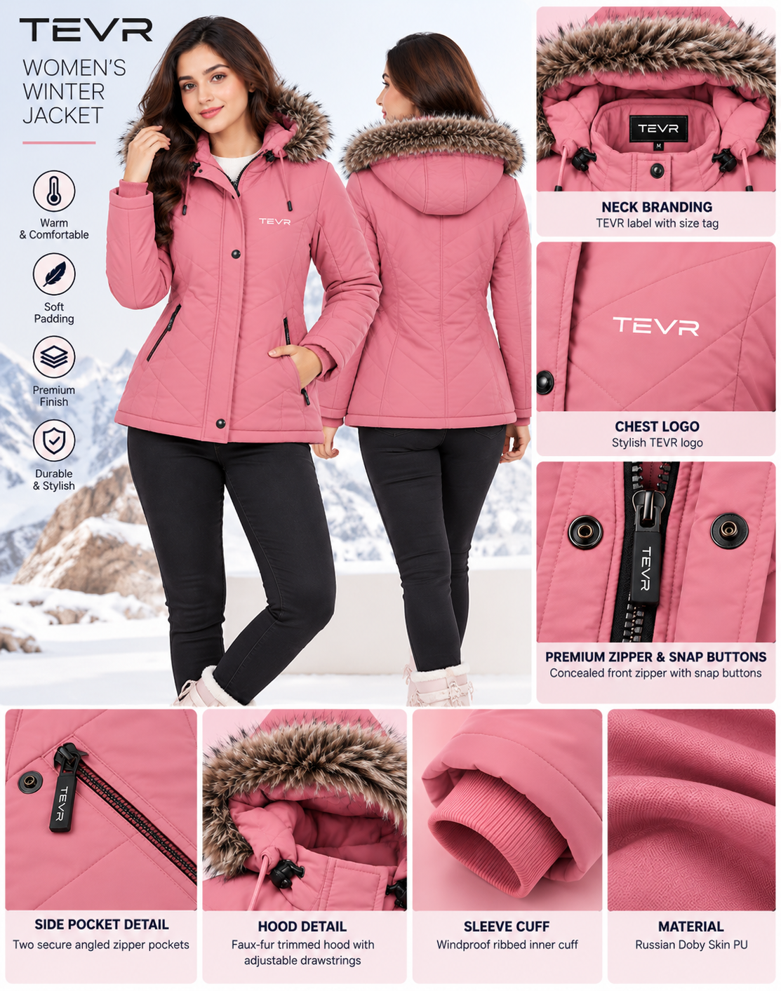 Girl's Fur Hooded Winter Jacket | Russian PU Quilted Jacket | TEVR - Image 9